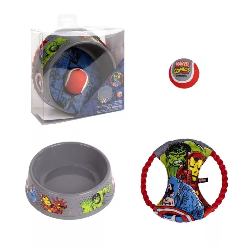 Zestaw zabawek dla psa Marvel, miska + piłka tenisowa + frisbee