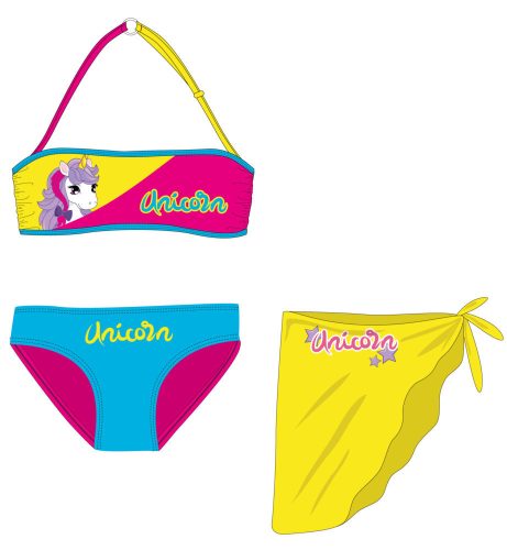 Unicorn strój kąpielowy zestaw - bikini + spódnica dziewczęcy - różowy-turkusowy-żółty - 110