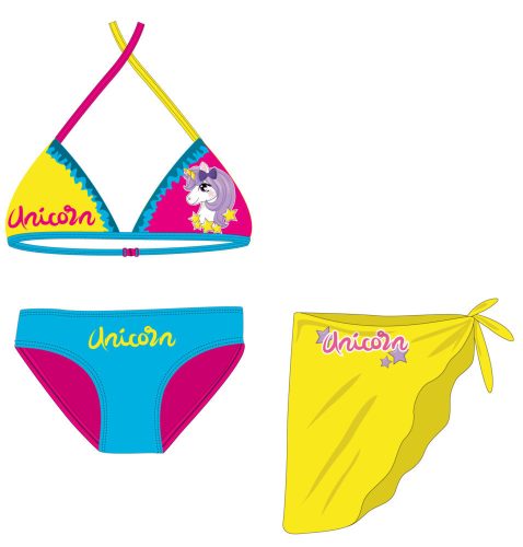 Unicorn strój kąpielowy zestaw - bikini z trójkątnym górnym + spódnica dziewczęcy - turkusowy-różowy-żółty - 110